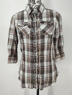 Overdrive Women's Brown Plaid 3/4 Sleeve Button-Down With Snaps Shirt Size Small